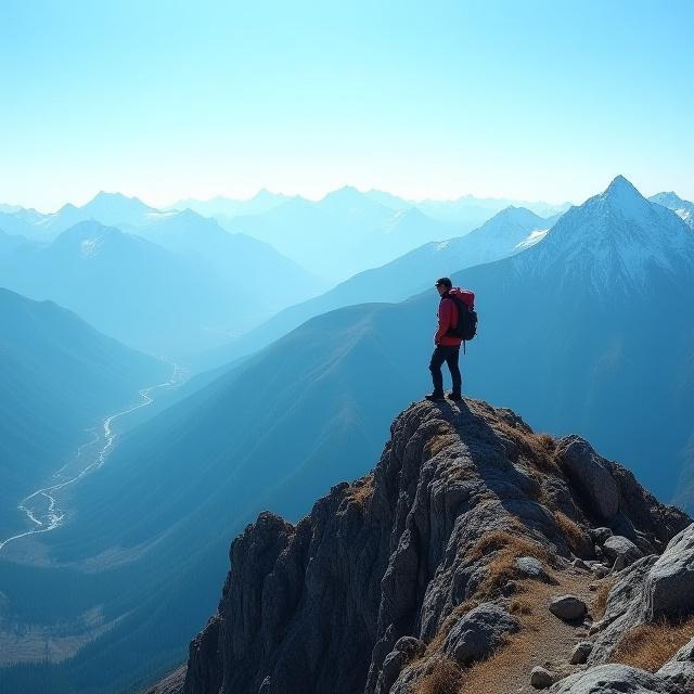 A hiker standing on a mountain peak in the Japan Alps.