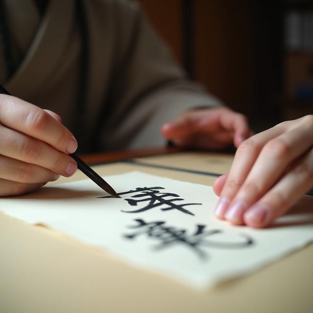 A person practicing Japanese calligraphy.