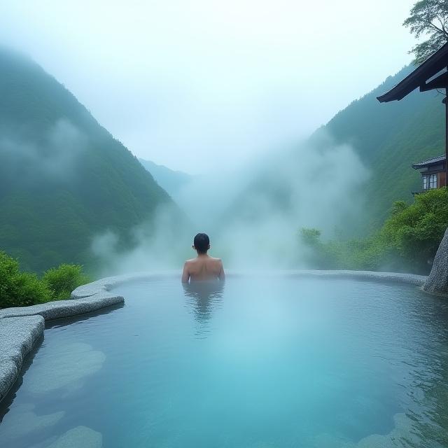 An open-air onsen bath overlooking a misty mountain valley.